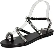 [HOTRA] Womens Sandals with Diamonte Pearl Flat Gladiator Sandals Summer Beach Flip Flops Wedding Evening Party Sandal (Color : Black, Size : 3.5)