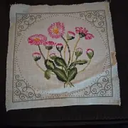 Cross Stitched Pink Flowers With Bronze Border Unframed