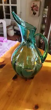 Stunning Blenko Emerald Green Optic Glass Pitcher 991 Winslow Anderson 14x7" MCM