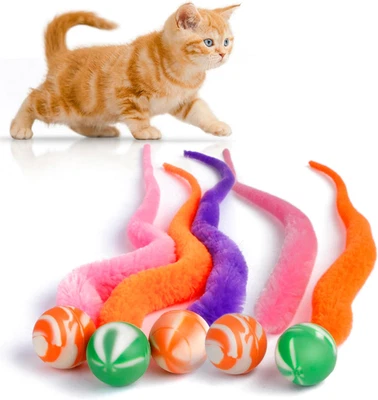Bouncy Ball with Tail Cat Toys,5 Packs Magic Worm with Large Colorful Ball Toy f