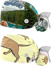 [WOSHJIUK] Working Hat 2 Pack Scrub Caps for Women,Dachshund Dog River Mountain,Tie Back Cap Adjustable Scrub Hat