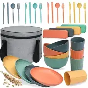 Camping Tableware Set Wheat Straw Cutlery Set Dishes Picnic Portable Lunch Bags