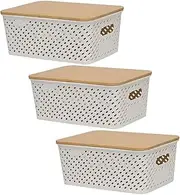 3 Pack Storage Case With Lids,Bamboo Lid Storage Box,Stackable Storage Box,Item Storage Container,Plastic Organization Case,for Kitchen,Office,Living Room