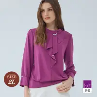 在飛比找momo購物網優惠-【ILEY 伊蕾】領巾荷葉厚雪紡上衣(深紫色；M-2L；12