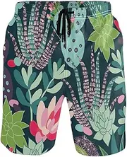 [GuoChe] Swim Trunks for Mens Green and Red Succulents Cactus Mexican Quick Dry Swimwear Hot Summer Swim Trunks Pants with Mesh