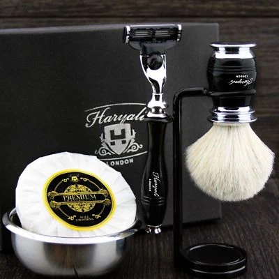 Men's Shaving Set ft Triple Edge Razor & Pure White Badger Brush Gift Kit HIM