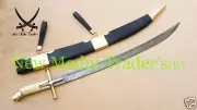 38" DAMASCUS BONE & BRASS CROSS GUARD HANDLE TATAR SWORD WITH WOODEN SCABBARD