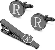 [Morfetto] Initial Cufflinks and Tie Clip Set for Men Personalized Black Cuff Links and Tie Bar Letter Alphabet A-Z Gift with Box for Father Husband Groommens
