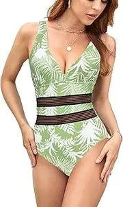 [Jusfitsu] Women's One Piece Swimsuits Tummy Control V Neck Bathing Suit for Women Sexy Mesh High Waisted Swimwear