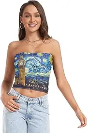 [RPLIFE] Big Ben London Starry Night Blue Women's Tube Top Womens Strapless Top, Sheer Tube Tops, Trendy Crop Tops (S)