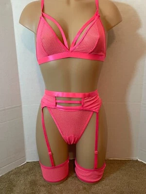 Sexy Harness Bra Brazilian Panty GARTER BELT LEG RINGS Set Lot Neon Pink Lace