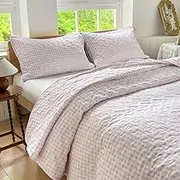 NSNLGSGC Pink Gingham Queen Quilt Set, Soft Pre-Washed Microfiber Pink Plaid Queen Bedspread, Lightweight Checked Summer Quilt, Grid Bedding Coverlets for All Seasons