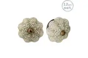 Nicola Spring Ceramic Cupboard Drawer Handle Knobs - Vintage Flower Design - Olive Green - Pack of 12