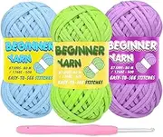 3 Pack Beginners Crochet Yarn, Green Blue Purple Yarn for Crocheting Knitting Beginners, Easy-to-See Stitches, Chunky Thick Bulky Cotton Soft (3x50g), Blue+Green+Purple, 3 Pack-Mixed