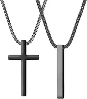 [ZENGSING] Men's 2 Piece Chain Set Cross Chain Men's Chain Men's Bar Pendant Stainless Steel Necklace Cross Necklace Men Black Silver Necklace Cuboid Stainless Steel for Women Men Gift