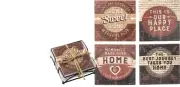 4" x 4" Primitives By Kathy Set of 4 Different Stone Coasters "Home" w/ Holder