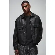 Mens Black Oversized Tumbled PU Stitch Detail Trucker Jacket