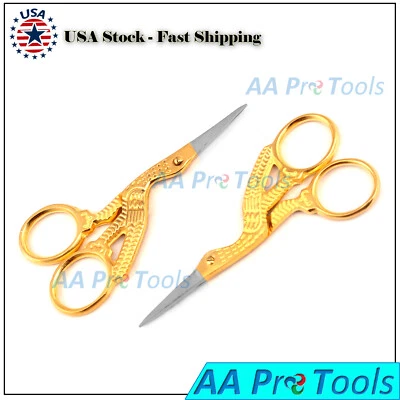 2 Pcs 3 1/2" Pro Quality Stork Embroidery Scissors - Gold Plated New