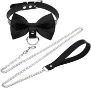 [JNKET] Bow-Knot Choker Punk Hauling Chain PU Leather Collar Metal Ring Gothic Necklace Adjustable Size