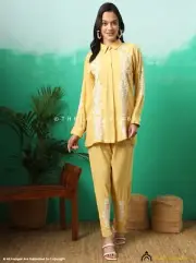 Handmade Yellow Rayon Chikankari Co-ord Set Ethnic Shirt Pant for Women
