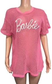Barbie x forever 21 Pink Net Shirt Top Swim Cover Up Sporty Barbiecore XS 80’s