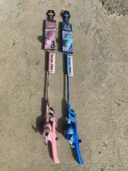 (2) Real tree Fishing Kids Pole Closed Face Tangle Free Pink, Blue