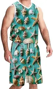 [KQNZT] Basketball Jerseys Shorts Sport Set, Outfit Tank Top Track Shorts, Men's Athletic Basketball Jerseys, Starfish Shell Conch Ocean Summer
