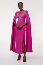 Petite Crystal Embellished Cady Woven Cape Maxi Dress