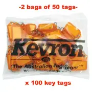 KEVRON Bulk Key Tags x 100-ORANGE Plastic Click Keyring Tags 100 TAGS -FREE POST