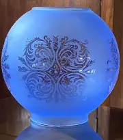 Victorian Blue Glass Globe Oil Lamp Shade with Floral Motif