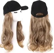Baseball Cap with Hair Extensions for Women Adjustable Hat with Synthetic Wig Attached 24inch Long Wavy Hair Black Baseball Cap (Light brown, 20 inch)