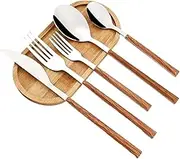 Travel Utensils 5/24/30Pcs Stainless Steel Imitation Wooden Handle Cutlery Set Dinnerware Clamp Western Tableware(5Pcs Brown Silver)