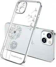 Compatible with iPhone 13 Mini 5.4" 5G 2021 Luxury Diamonds Plating Clear Dandelion Pattern Case Cover Plating Crystal Cover Protective Case