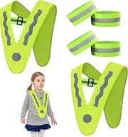 Rundago Pack of 2 Breathable High Visibility Vests with 4 Reflective Bracelets Reflective Vests Safety Vests Neon Yellow with Reflective Strips, Reflective V-Shape for Children 2-12