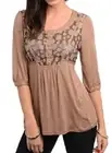 Sequin Lace Overlay Button Front Placket 3/4 Sleeve Baby Doll Blouse Top