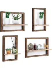 4Pc. Farmhouse Wood Floating Shelves Wall Mounted Display Storage Framed Shelf