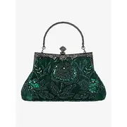 Women's Vintage Green Velvet Handbag with Beaded Floral Embroidery and Metal Frame – Elegant Evening Bag