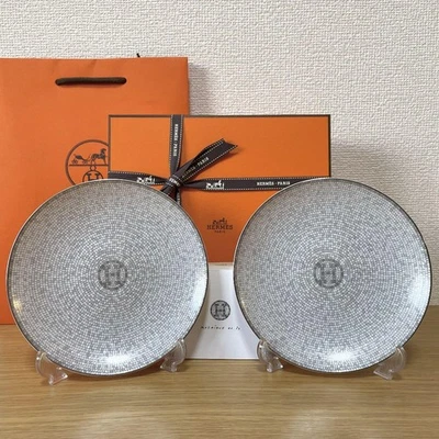 Hermes Mosaique au 24 Platinum Bread Plate Set of Two 16cm Tableware Dish Silver