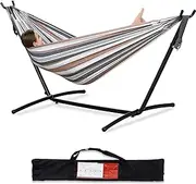 Double Hammock with Space Saving Steel Stand, 2 Person Outdoor Standing Hammocks with Portable Carrying Bag, 250Kg Capacity Coffee 260 * 107 * 109Cm