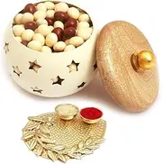 Ghasitaram Gifts Diwali Gifts - White Wooden Nutties Jar with Pooja Thali