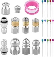 10pcs Sewer Jetter Nozzle Kit with 1/4" & 3/8" NPT Quick Connectors, with Needles & Tape Stainless Steel Pressure Drain Jetting Hose Nozzle for Pressure Washer Sewer Jet Cleaning Tool 5000 PSI
