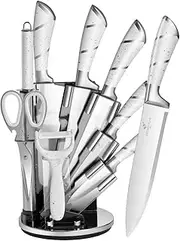 Knife Set 9pc Stainless Steel, Professional Chef Knives with Ultra Sharp Blade, 360 Degree Rotating Block Stand, Pristine Marble White