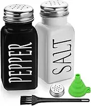 Salt and Pepper Shaker Set,Farmhouse Salt and Pepper Shakers,Vintage Glass Black and White Shaker Set with Stainless Steel Lid, Easy to Fill and Clean