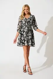Fleur Dress Full Length Sleeve in Black with White Print 8