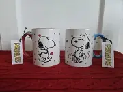 NWT! Peanuts Snoopy Stoneware 20 oz Mugs Cups Set of 2 Red Blue Dots Cute Pair!