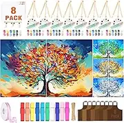 QUANWAISJ 8 Pcs Adult Painting Kit, Tree of Life, 8x10 Inch Canvases (8), Acrylic Paints (8 Sets), Brushes (24), Aprons (8), Ideal for Adults, Parties, Not Foldable