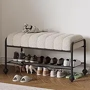 Golfaost Shoe Entryway Bench Rack Organizer, Plush Cushioned Shoe Bench + Hidden Storage, for Hallway, Living Room, Entryway,White,80cm