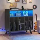 LED Record Player Stand Album Storage Cabinet Turntable Table with Power Outlets