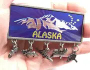 Alaska Magnet w/ 5 dangle charms - pewter charm, Bear, Moose, Dogsled & more