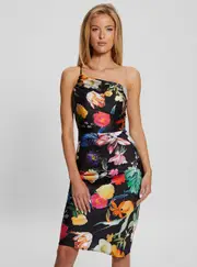 GUESS Women's Black Floral Cindy One Shoulder Midi Dress Size: 8, Elastane